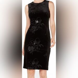CALVIN KLEIN Black Velvet Elegant Floral Embellished Sleeveless Sheath Dress 8